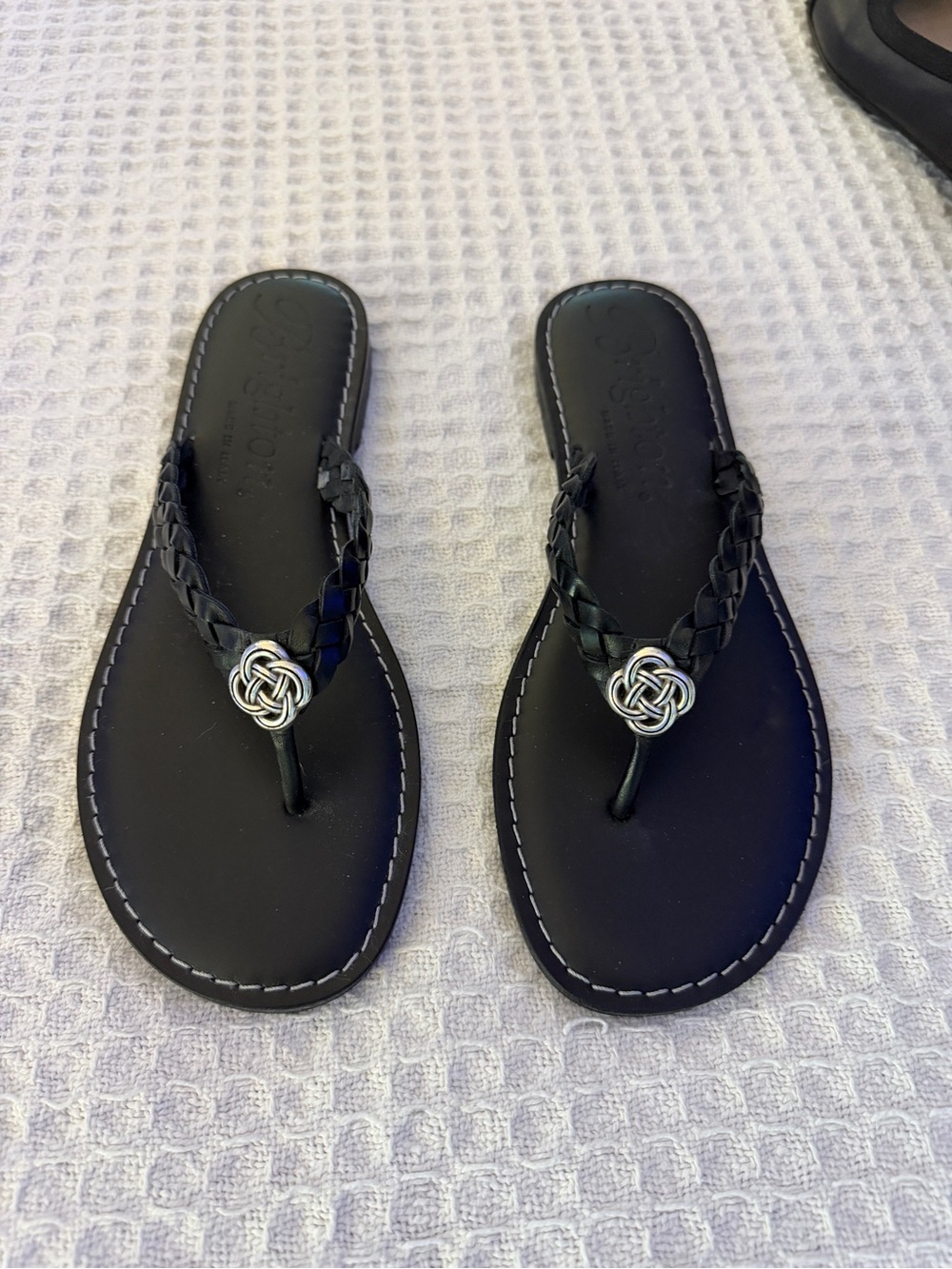 Brighton Black Braided Leather Thong Sandals with Silver Knot